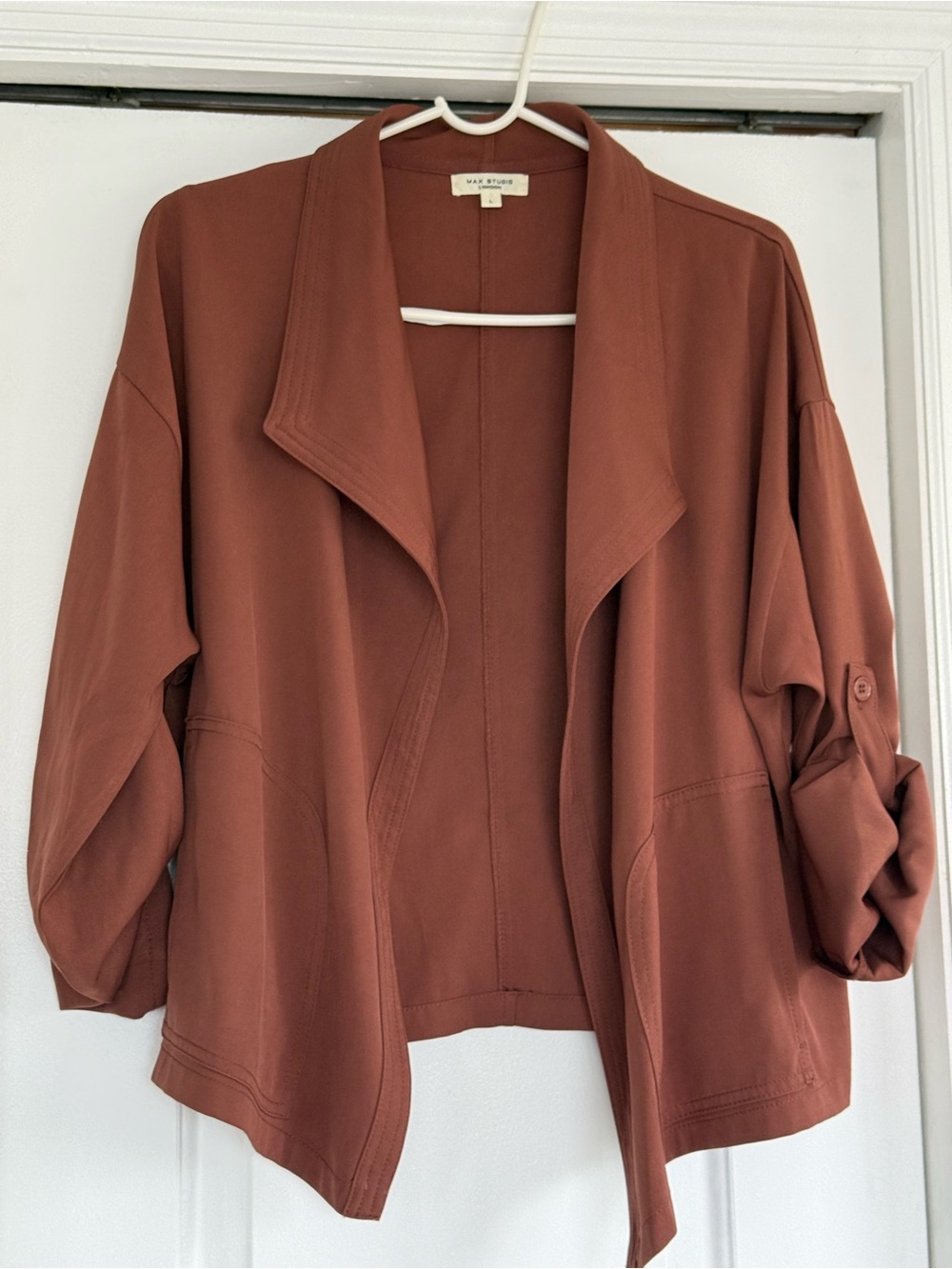 Max Studio Draped Open-Front Blazer in Rust